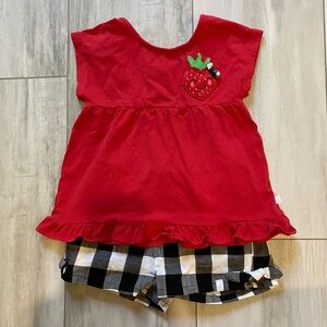 Deux Par Deux Red Strawberry Shirt with Black and White Buffalo Check Shorts, 4